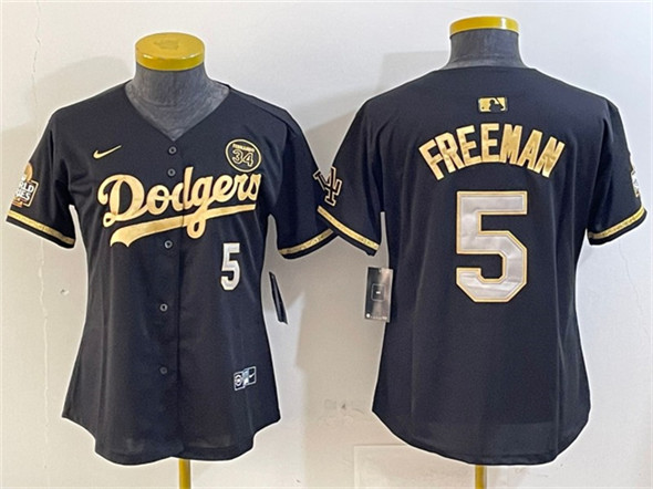 Women's Los Angeles Dodgers #5 Freddie Freeman Black Gold 2024 World Series With Fernando Patch Vapor Limited Stitched Baseball Jersey(Run Small)