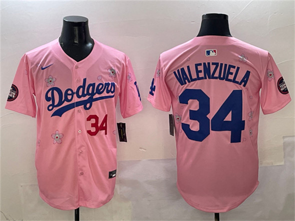Men's Los Angeles Dodgers #34 Fernando Valenzuela Pink 2025 Tokyo Series Limited Stitched Baseball Jersey