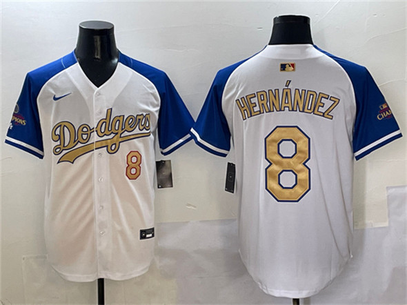 Men's Los Angeles Dodgers #8 Enrique Hernandez White Royal Gold 2024 World Series Champions Vapor Limited Stitched Baseball Jersey