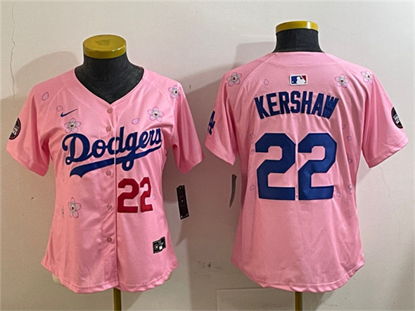 Women's Los Angeles Dodgers #22 Clayton Kershaw Pink 2025 Tokyo Series Limited Stitched Baseball Jersey(Run Small)