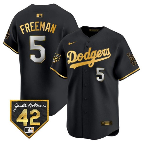 Men's Los Angeles Dodgers #5 Freddie Freeman Black Gold With Jackie Robinson Patch Limited Stitched Baseball Jersey