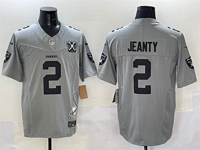 Men's Las Vegas Raiders #2 Ashton Jeanty Gray 2025 Draft F.U.S.E. With Nevada Silver Stat Patch And 65th Anniversary Patch Football Stitched Jersey
