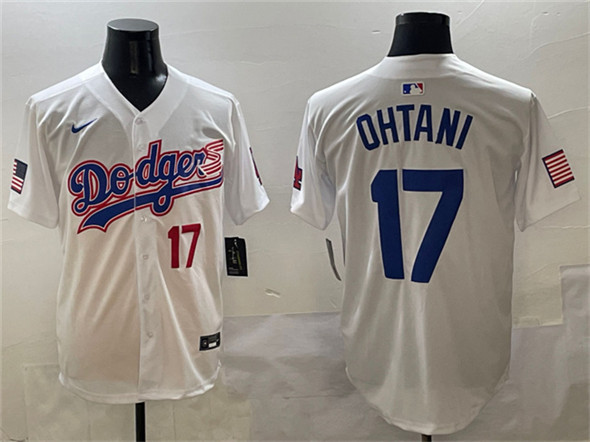 Men's Los Angeles Dodgers #17 Shohei Ohtani White With American Flag Patch Limited Stitched Baseball Jersey