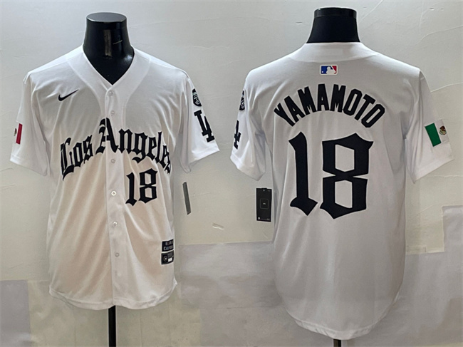 Men's Los Angeles Dodgers #18 Yoshinobu Yamamoto White Mexico 2025 LA Gothic Style With Fernando Patch Vapor Premier Limited Stitched Baseball Jersey