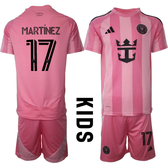 Youth Inter Miami CF #17 MARTINEZ 2025-26 Home Pink Adidas Soccer Kids Suit jerseys