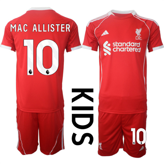 Youth Liverpool #10 MAC ALLISTER 2025-26 home Red Adidas Soccer Kids Suit Jerseys