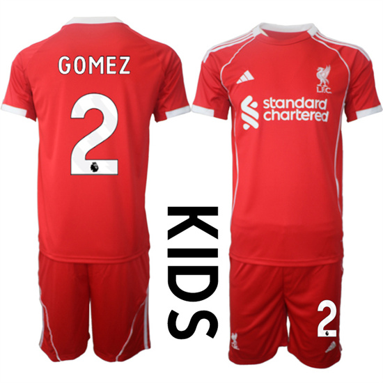 Youth Liverpool #2 GOMEZ 2025-26 home Red Adidas Soccer Kids Suit Jerseys