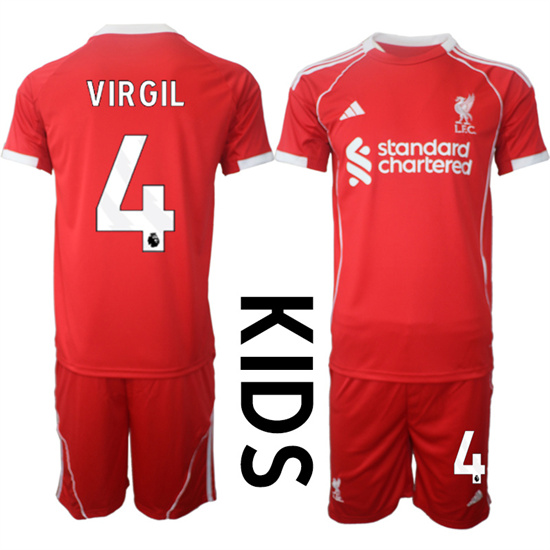 Youth Liverpool #4 VIRGIL 2025-26 home Red Adidas Soccer Kids Suit Jerseys