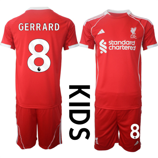 Youth Liverpool #8 GERRARD 2025-26 home Red Adidas Soccer Kids Suit Jerseys