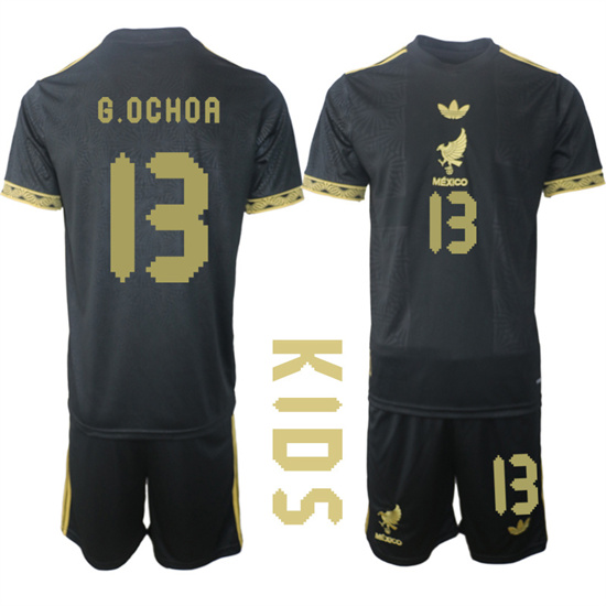 Youth Mexico de Oro #13 G.OCHOA 2025-26 México de Oro Third Away Black Gold Short Sleeve Match Soccer Kids Suit Jersey