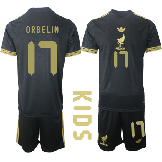 Youth Mexico de Oro #17 ORBELIN 2025-26 México de Oro Third Away Black Gold Short Sleeve Match Soccer Kids Suit Jersey