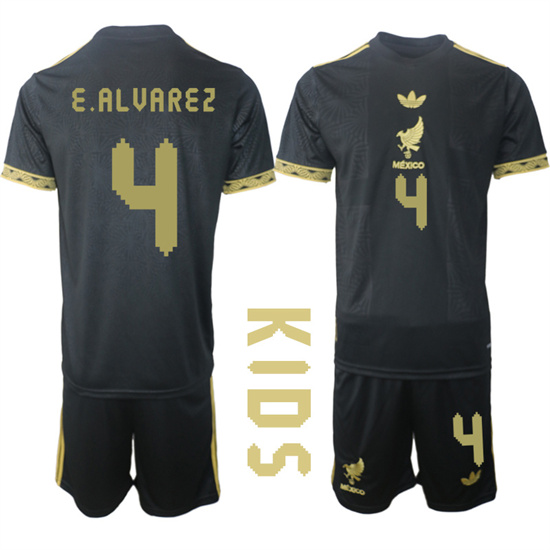Youth Mexico de Oro #4 E.ALVAREZ 2025-26 México de Oro Third Away Black Gold Short Sleeve Match Soccer Kids Suit Jersey