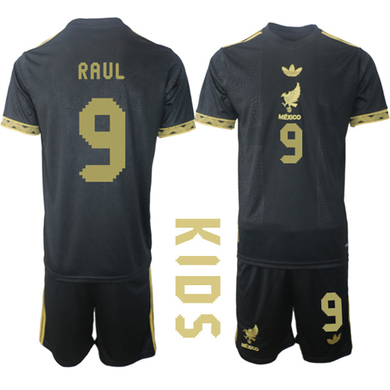 Youth Mexico de Oro #9 RAUL 2025-26 México de Oro Third Away Black Gold Short Sleeve Match Soccer Kids Suit Jersey