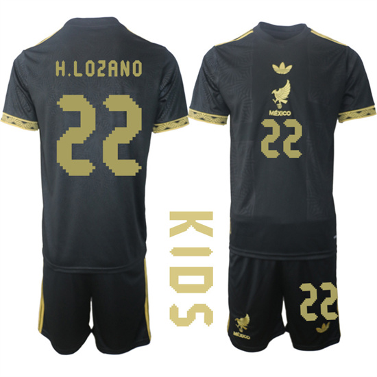 Youth Mexico de Oro #22 H.LOZANO 2025-26 México de Oro Third Away Black Gold Short Sleeve Match Soccer Kids Suit Jersey