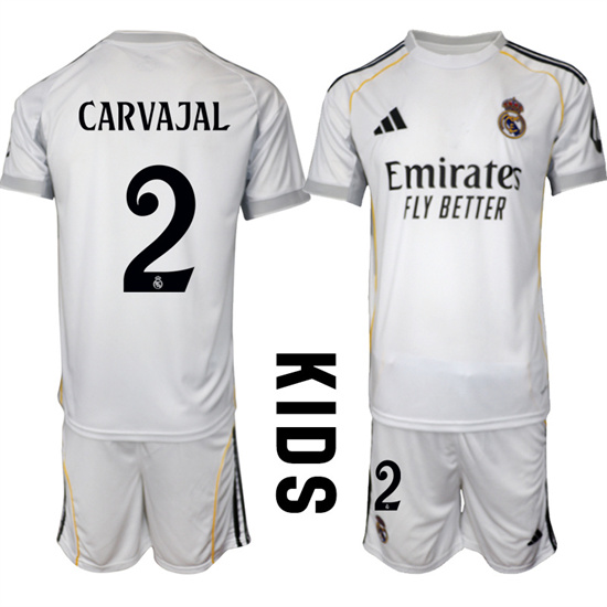 Youth Real Madrid #2 CARVAJAL 2025-26 home White Adidas Soccer Kids Suit Jerseys