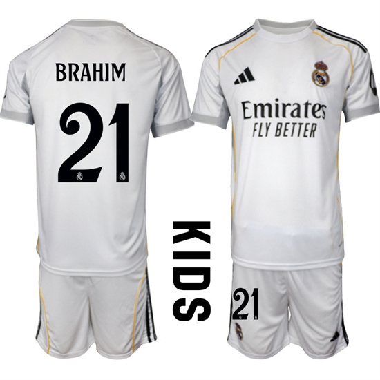 Youth Real Madrid #21 BRAHIM 2025-26 home White Adidas Soccer Kids Suit Jerseys
