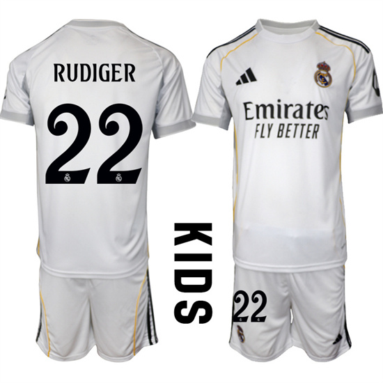 Youth Real Madrid #22 RUDIGER 2025-26 home White Adidas Soccer Kids Suit Jerseys