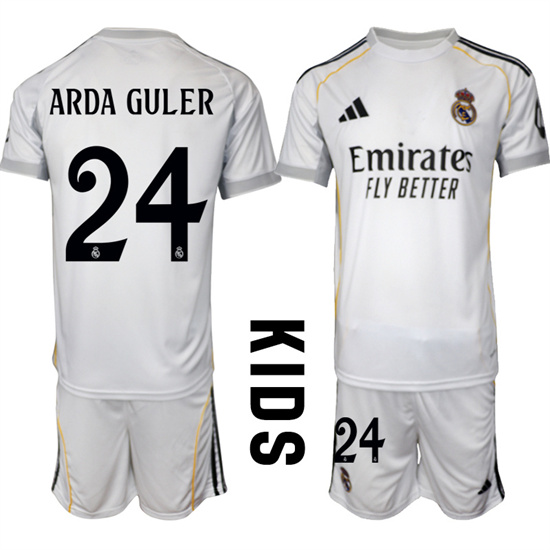 Youth Real Madrid #24 ARDA GULER 2025-26 home White Adidas Soccer Kids Suit Jerseys