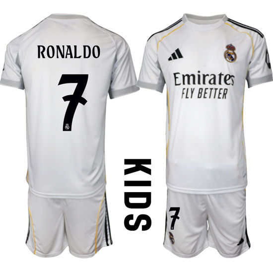Youth Real Madrid #7 RONALDO 2025-26 home White Adidas Soccer Kids Suit Jerseys