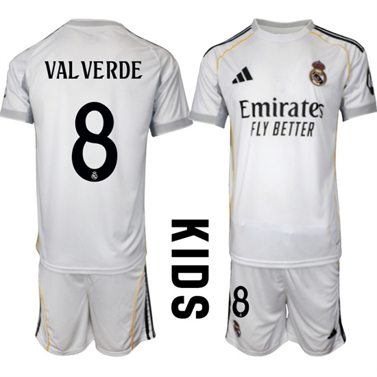 Youth Real Madrid #8 VALVERDE 2025-26 home White Adidas Soccer Kids Suit Jerseys