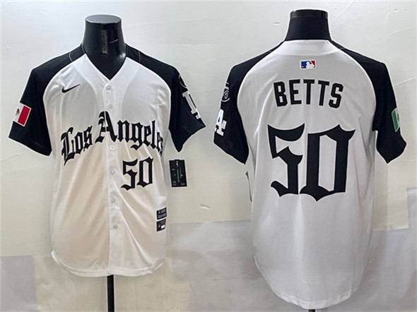 Men's Los Angeles Dodgers #50 Mookie Betts White Black Mexico 2025 LA Gothic Style With Fernando Patch Vapor Premier Limited Stitched Baseball Jersey