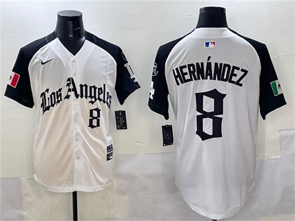Men's Los Angeles Dodgers #8 Enrique Hernández White Black Mexico 2025 LA Gothic Style With Fernando Patch Vapor Premier Limited Stitched Baseball Jersey