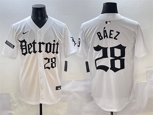 Men's Detroit Tigers #28 Javier Báez White 'Motor Gothic Edition' Vapor Premier Limited Stitched Baseball Jersey