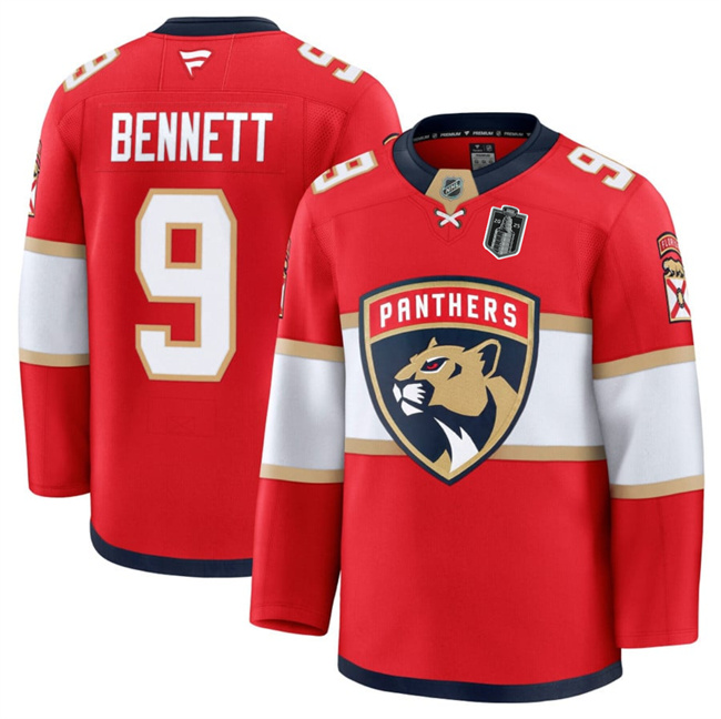 Men's Florida Panthers #9 Sam Bennett Red 2025 Stanley Cup Final Patch Stitched Hockey Jersey