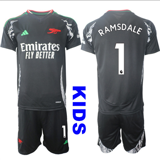 Youth Arsenal #1 RAMSDALE 2024-25 Away Black Kids Soccer Suit Jersey