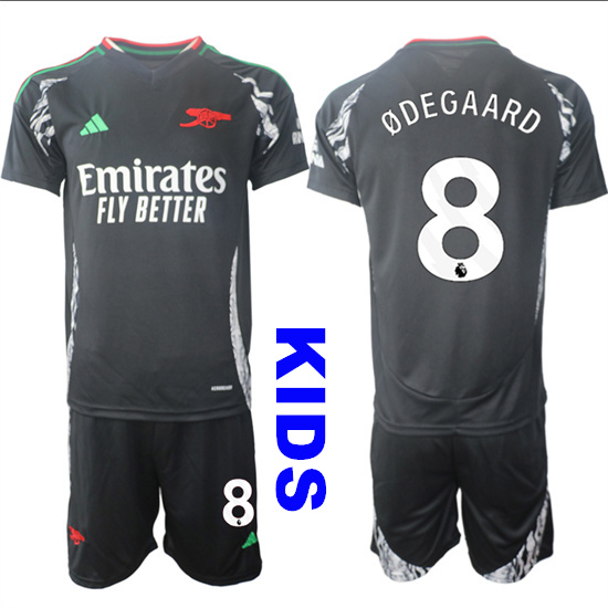Youth Arsenal #8 ODEGAARD 2024-25 Away Black Kids Soccer Suit Jersey