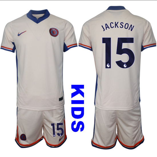 Youth Chelsea #15 JACKSON 2024-25 Off White Away Kids Soccer Suit Jersey