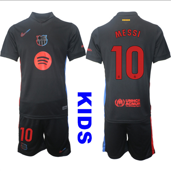 Youth FC Barcelona #10 MESSI 2024-25 Away Black Kids Soccer Suit Jersey