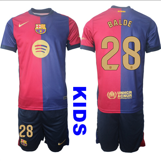 Youth FC Barcelona #28 BALDE 2024-25 Home Kids Soccer Suit Jersey