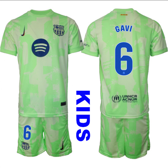 Youth FC Barcelona #6 GAVI 2024-25 Away 2nd Green Kids Soccer Suit Jersey