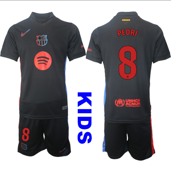 Youth FC Barcelona #8 PEDRI 2024-25 Away Black Kids Soccer Suit Jersey