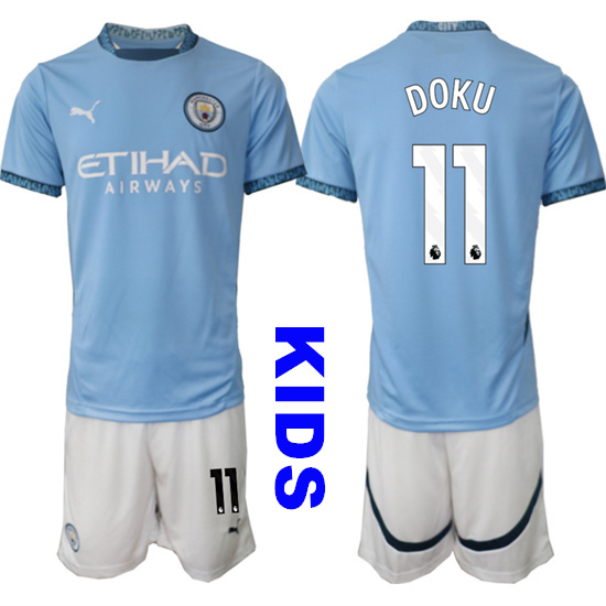 Youth Manchester City #11 DOKU 2024-25 Home Kids Soccer Suit Jersey