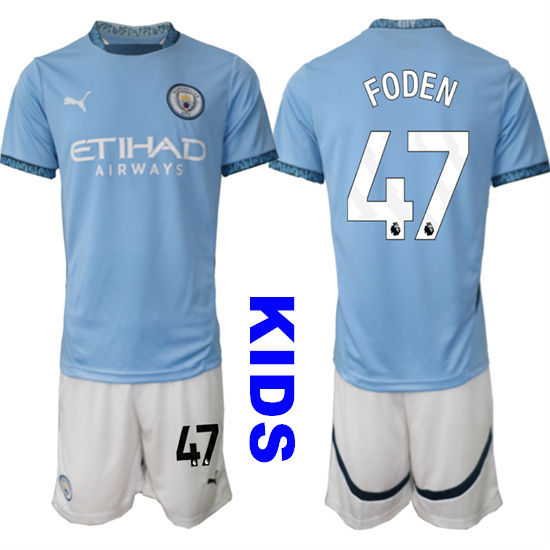 Youth Manchester City #47 FODEN 2024-25 Home Kids Soccer Suit Jersey