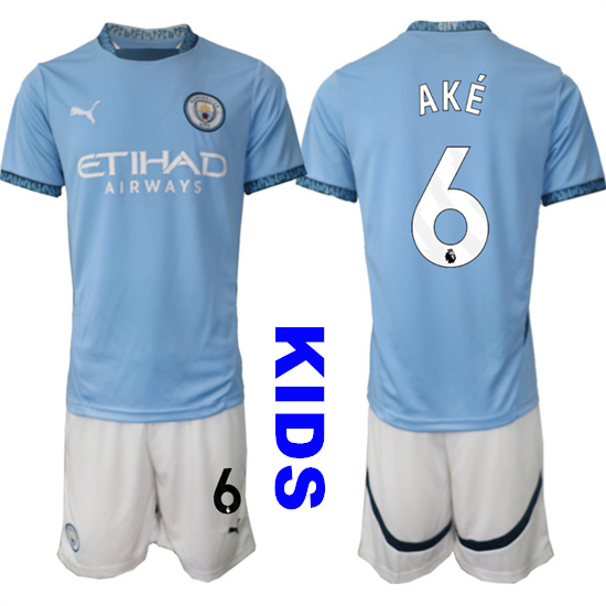 Youth Manchester City #6 AKE 2024-25 Home Kids Soccer Suit Jersey