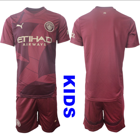Youth Manchester City Blank 2024-25 Wine red Away Kids Soccer Suit Jersey