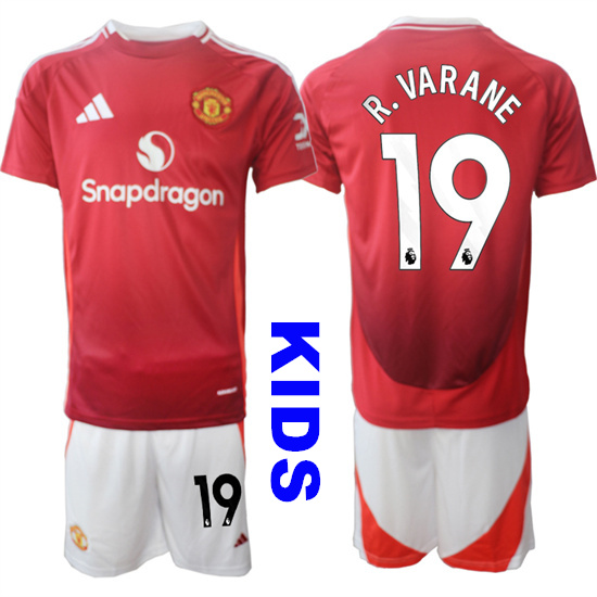 Youth Manchester United #19 R. VARANE 2024-25 Home Kids Soccer Suit Jersey