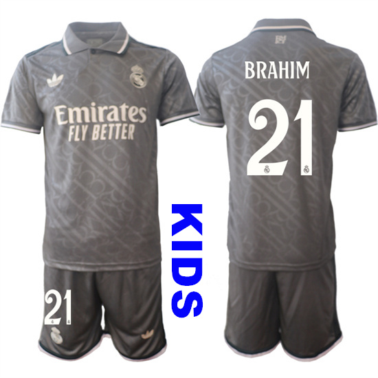Youth Real Madrid #21 BRAHIM 2024-25 Grey Away 2nd Kids Soccer Suit Jersey