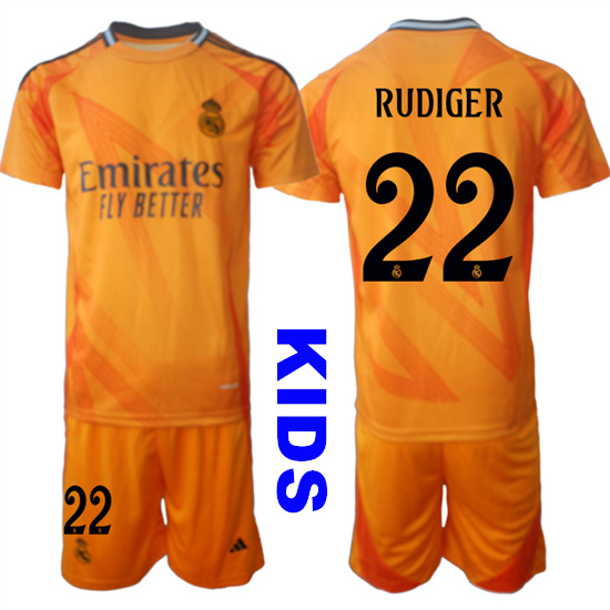 Youth Real Madrid #22 RUDIGER 2024-25 Orange Away Kids Soccer Suit Jersey