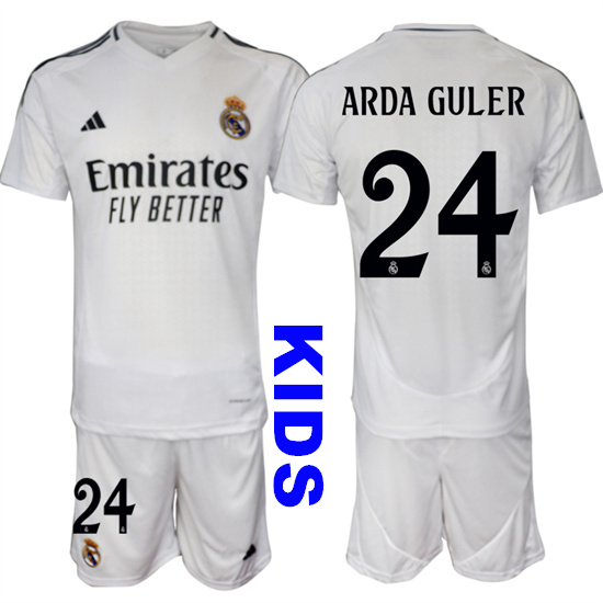 Youth Real Madrid #24 ARDA GULER 2024-25 White Home Kids Soccer Suit Jersey