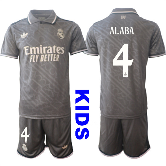 Youth Real Madrid #4 ALABA 2024-25 Grey Away 2nd Kids Soccer Suit Jersey