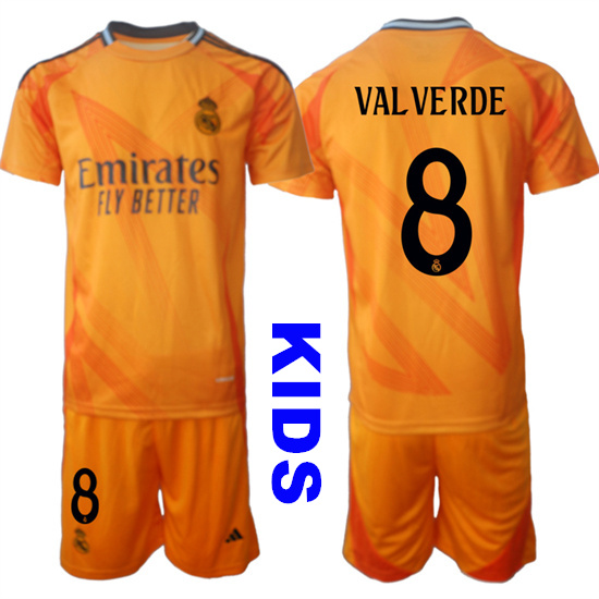 Youth Real Madrid #8 VAL VERDE 2024-25 Orange Away Kids Soccer Suit Jersey