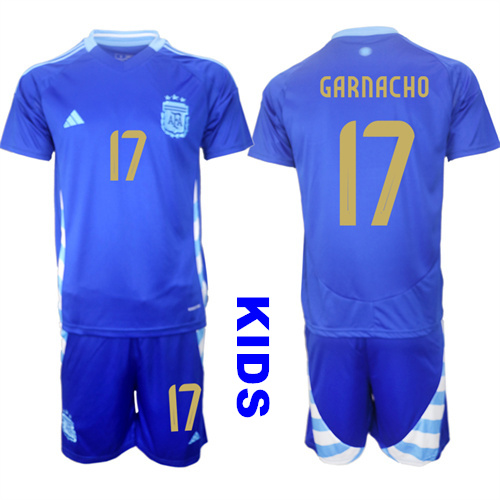 Youth Argentina #17 GARNACHO 2024-25 Away Blue Kids Soccer Suit Jersey