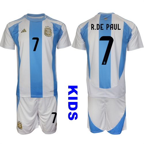 Youth Argentina #7 R.DE PAUL 2024-25 Home Kids Soccer Suit Jersey