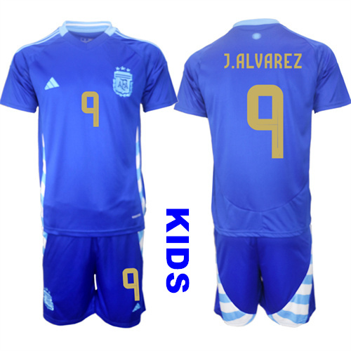 Youth Argentina #9 J.ALVAREZ 2024-25 Away Blue Kids Soccer Suit Jersey