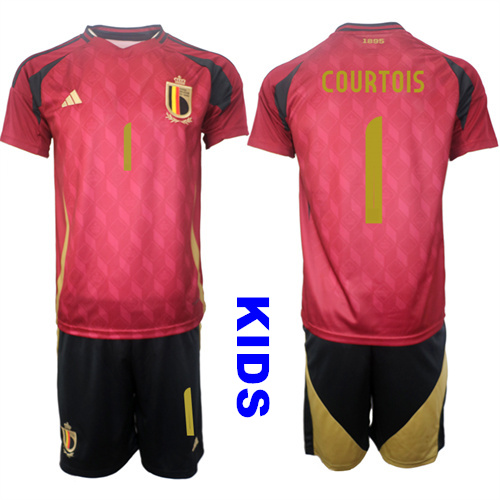 Youth Belgium #1 COURTOIS 2024-25 Home Kids Soccer Suit Jersey