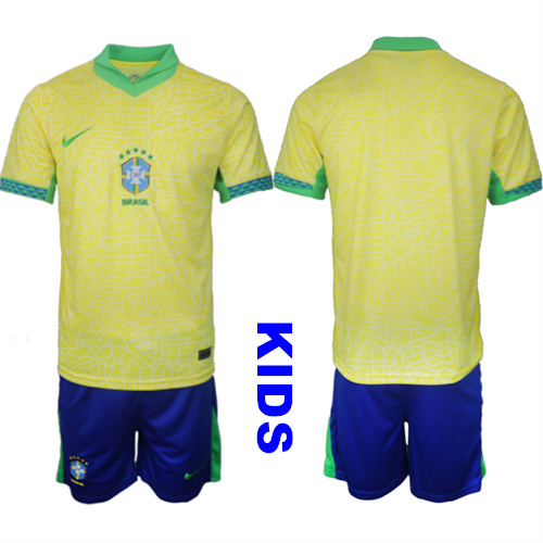 Youth Brazil Blank 2024-25 Home Kids Soccer Suit Jersey